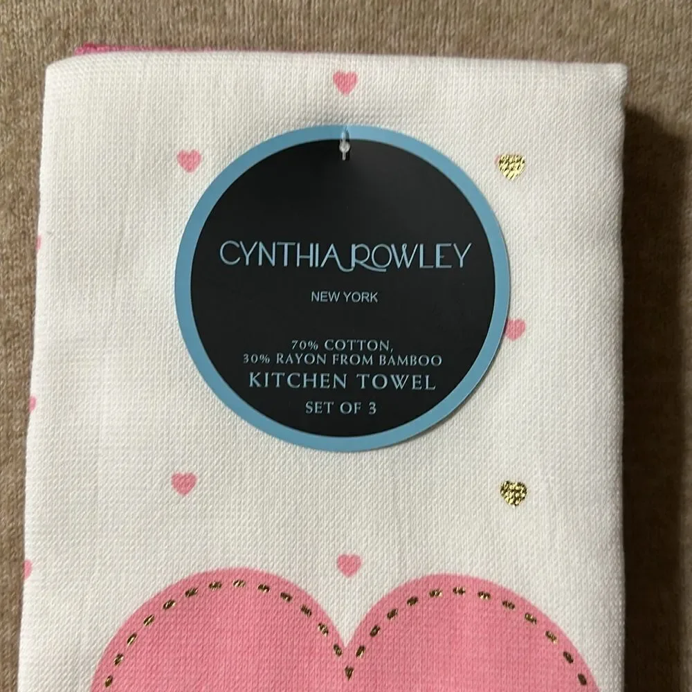 CR Valentine’s Day Pink White Metallic Gold Cotton Tea Kitchen Towels 3 Pack